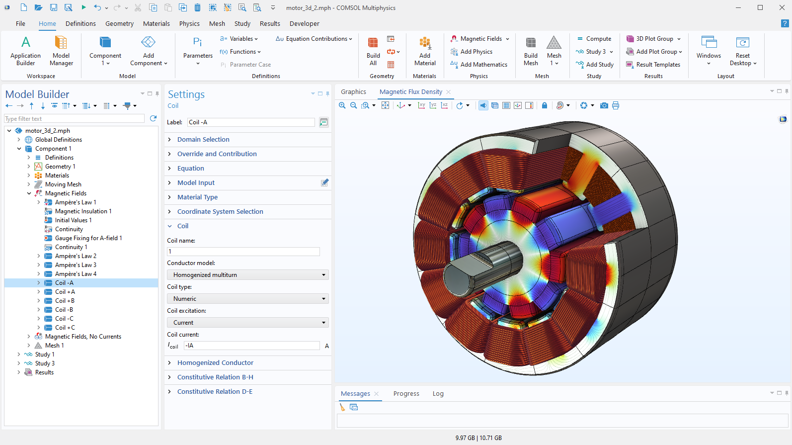 The COMSOL Multiphysics UI showing the Model Builder with a Coil node highlighted, the corresponding Settings window, and a permanent magnet motor model in the Graphics window.
