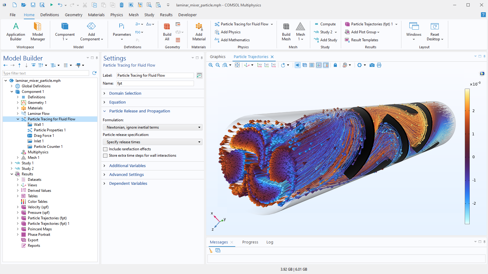 The COMSOL Multiphysics UI showing the Model Builder with the Particle Tracing for Fluid Flow node highlighted, the corresponding Settings window, and a laminar mixer model in the Graphics window.
