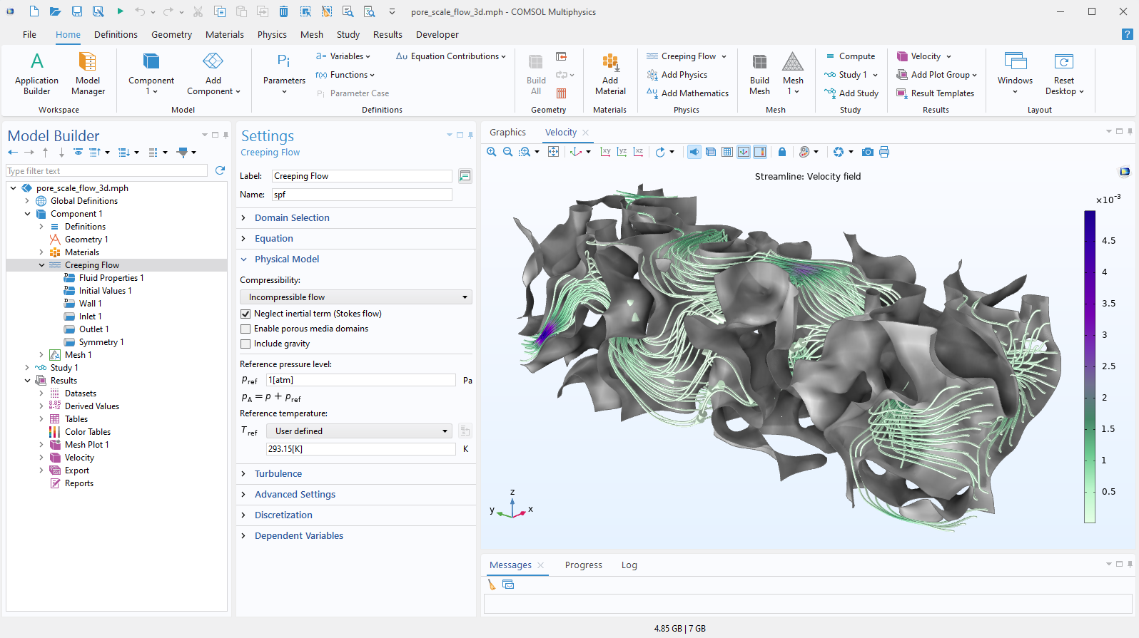 The COMSOL Multiphysics UI showing the Model Builder, the Settings window for the Free and Porous Media Flow interface, and a packed bed latent heat storage model in the Graphics window.